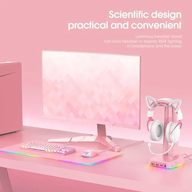 Alt view image 6 of 7 - NEWSTYP RGB Gaming Headphone Stand Computer Headset Desktop Display Holder Luminous Logo with 3 USB and 3.5mm AUX Ports Pink