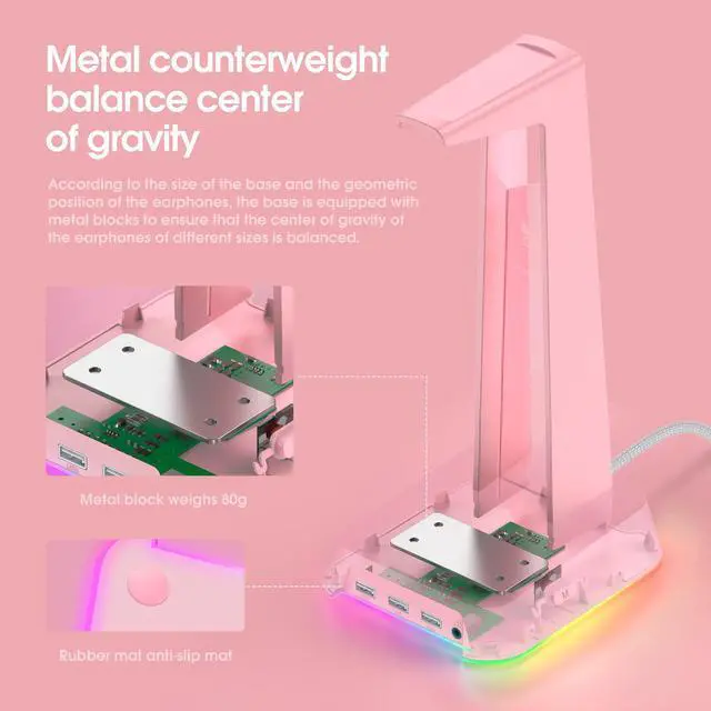 Alt view image 4 of 7 - NEWSTYP RGB Gaming Headphone Stand Computer Headset Desktop Display Holder Luminous Logo with 3 USB and 3.5mm AUX Ports Pink