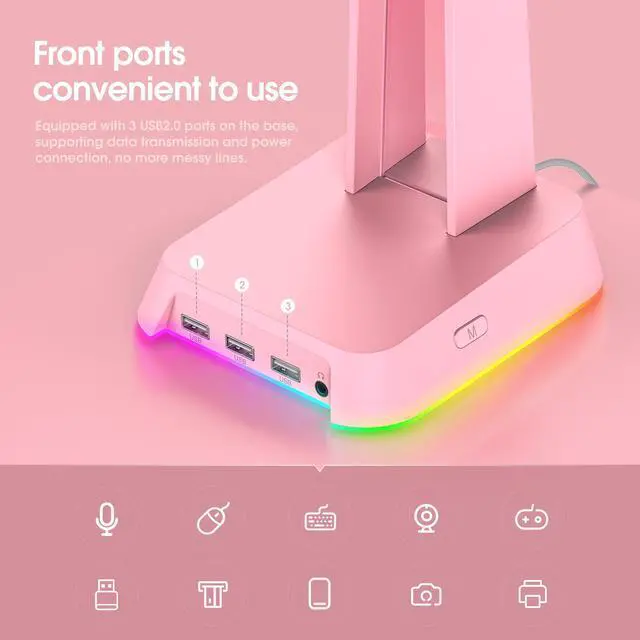 Alt view image 3 of 7 - NEWSTYP RGB Gaming Headphone Stand Computer Headset Desktop Display Holder Luminous Logo with 3 USB and 3.5mm AUX Ports Pink