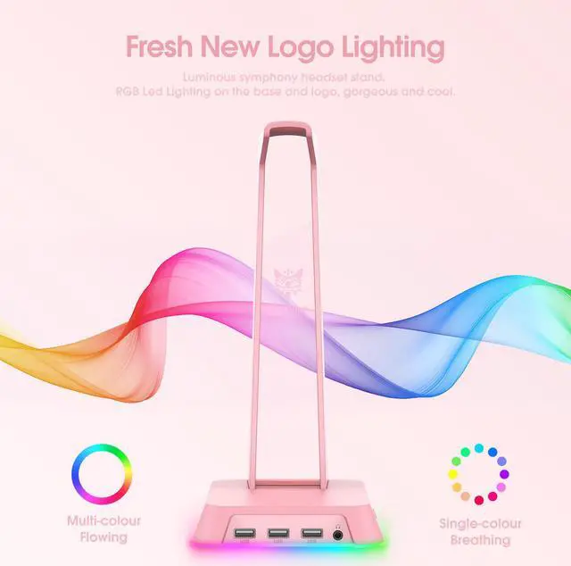 Alt view image 2 of 7 - NEWSTYP RGB Gaming Headphone Stand Computer Headset Desktop Display Holder Luminous Logo with 3 USB and 3.5mm AUX Ports Pink