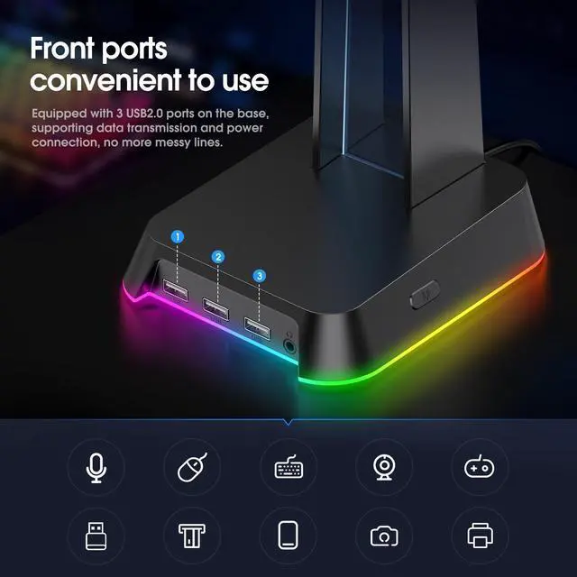 Alt view image 3 of 7 - NEWSTYP RGB Gaming Headphone Stand Computer Headset Desktop Display Holder Luminous Logo with 3 USB and 3.5mm AUX Ports Black