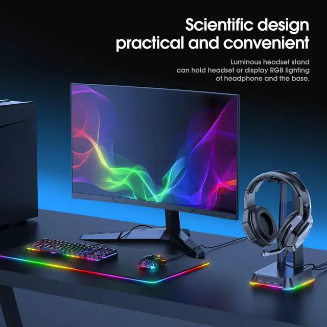 Alt view image 6 of 7 - NEWSTYP RGB Gaming Headphone Stand Computer Headset Desktop Display Holder Luminous Logo with 3 USB and 3.5mm AUX Ports Black