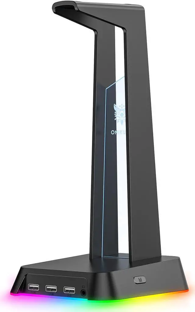 Main image of NEWSTYP RGB Gaming Headphone Stand Computer Headset Desktop Display Holder Luminous Logo with 3 USB and 3.5mm AUX Ports Black