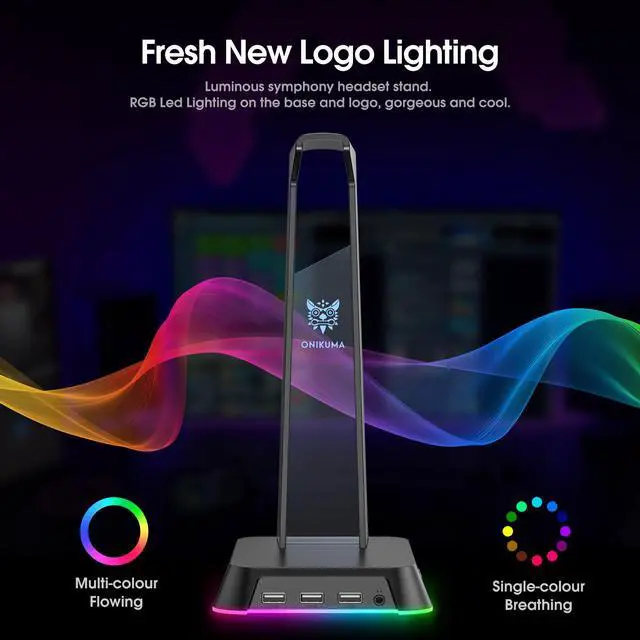 Alt view image 2 of 7 - NEWSTYP RGB Gaming Headphone Stand Computer Headset Desktop Display Holder Luminous Logo with 3 USB and 3.5mm AUX Ports Black
