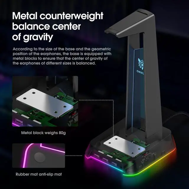 Alt view image 4 of 7 - NEWSTYP RGB Gaming Headphone Stand Computer Headset Desktop Display Holder Luminous Logo with 3 USB and 3.5mm AUX Ports Black