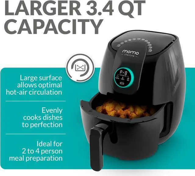 Alt view image 6 of 7 - Air Fryer 12 Cooking Functions Digital Adjustable Temperature Control Wheel 90 Minute Timer 3.4 QT Eco Ceramic Dishwasher Safe Basket 1500W Power and Dehydrator Function, Momo EasyFry (Black Caviar)