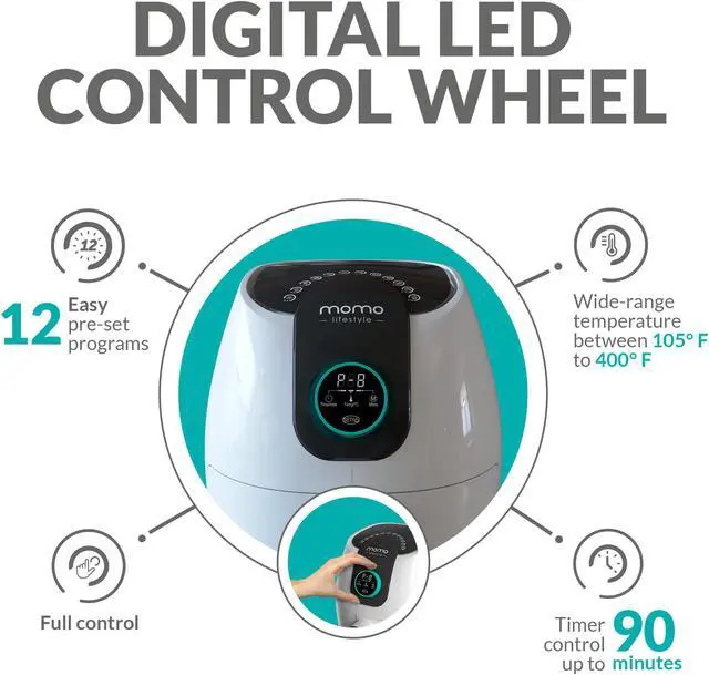 Alt view image 5 of 7 - Air Fryer 12 Cooking Functions Digital Adjustable Temperature Control Wheel 90 Minute Timer 3.4 QT Eco Ceramic Dishwasher Safe Basket 1500W Power and Dehydrator Function, Momo EasyFry (Black Caviar)