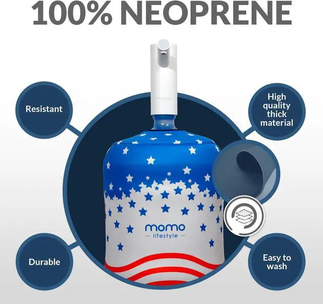 Alt view image 5 of 7 - 5 Gallon Bottle Sleeve Reversible, Durable Cooling Neoprene (Wetsuit Material) Insulation Slick Elegant Design Large 5gal Bottle Cover Accessory Momo Sleeve by Momo Lifestyle (Americana)