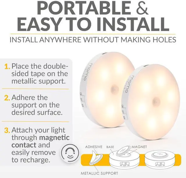 Alt view image 5 of 7 - Motion Sensor Night Light, Automatic Motion Activated Night Light LED Warm Yellow 3.7V 500mAh USB Rechargeable Battery Attachable Everywhere, Momo Lifestyle Luzinha (1 Pack)