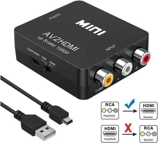 Main image of RCA to HDMI, 1080P Mini RCA Composite CVBS AV to HDMI Video Audio Converter Adapter Supporting PAL/NTSC with USB Charge Cable for PC Laptop Xbox PS4 PS3 TV STB VHS VCR Camera DVD