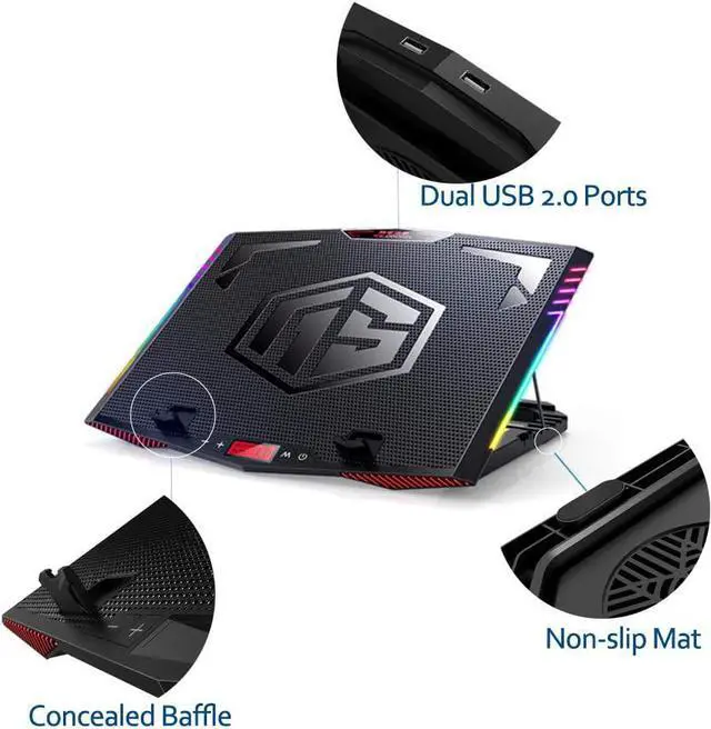 Alt view image 5 of 7 - MeFee RGB Laptop Cooling Pad for 15.6-21 Inch Professional Gaming Laptop Cooler with 6 Quiet Fans and Button Control, Pure Metal Panel Portable Cooler
