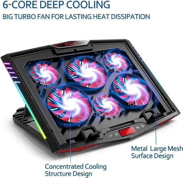 Alt view image 2 of 7 - MeFee RGB Laptop Cooling Pad for 15.6-21 Inch Professional Gaming Laptop Cooler with 6 Quiet Fans and Button Control, Pure Metal Panel Portable Cooler