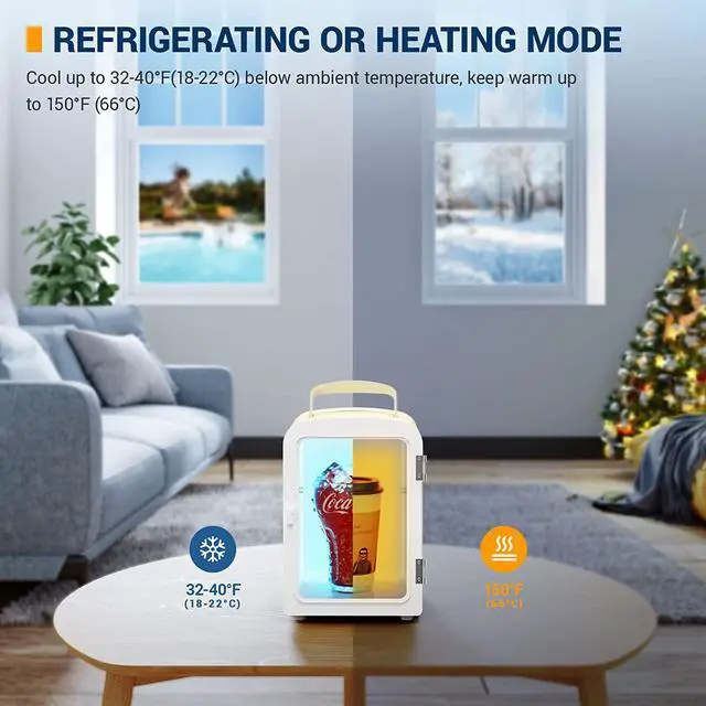 Alt view image 2 of 7 - Mini Fridge, 4 Liter/6 Can AC/DC Portable Thermoelectric Cooler and Warmer Refrigerators for Bedroom, Skincare, Beverage, Cosmetics, Home, Dorm, Office and Car, ETL Listed(Yellow)