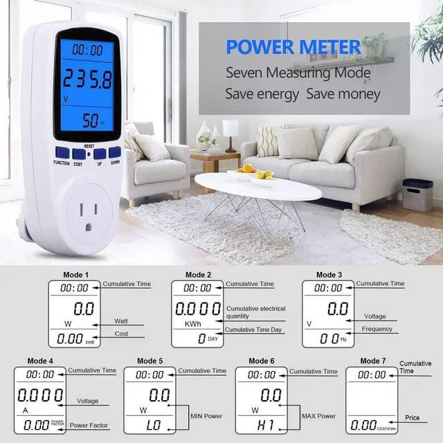 Alt view image 4 of 6 - Upgraded Brighter LCD Display Night Vision Power Meter Plug, Power Consumption Monitor Energy Voltage Amps Electricity Usage Monitor, Overload Protection, 7 Display Modes for Energy Saving, Watt Meter