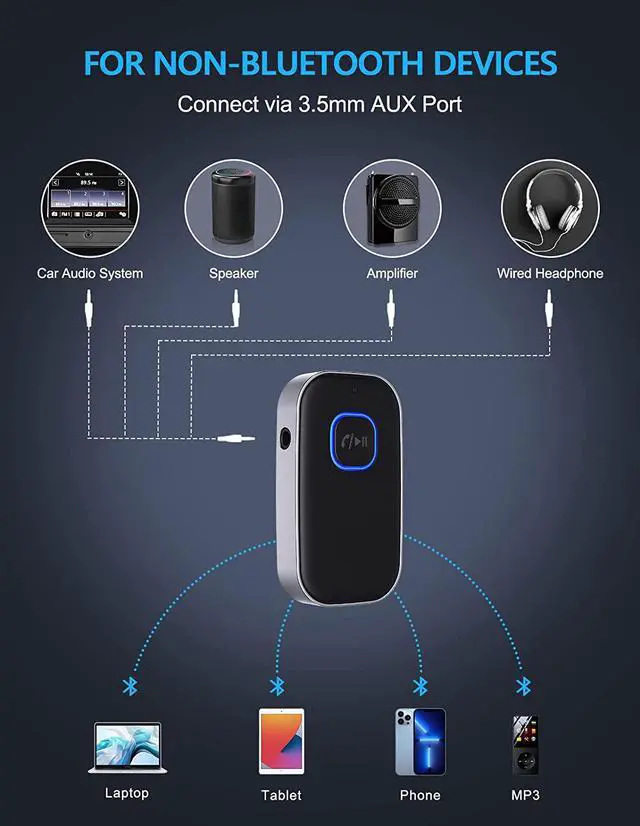 Alt view image 2 of 7 - Bluetooth 5.0 Receiver for Car, Noise Cancelling Bluetooth AUX Adapter, Bluetooth Music Receiver for Home Stereo/Wired Headphones/Hands-Free Call,16H Battery Life-Black+Silver