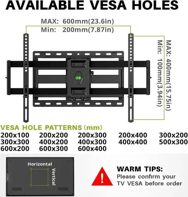 Alt view image 5 of 7 - Full Motion TV Wall Mount for Most 47-84 inch Flat Screen/LED/4K TV, TV Mount Bracket Dual Swivel Articulating Tilt 6 Arms, Max VESA 600x400mm, Holds up to 132lbs, Fits 8 12 16" Wood Studs
