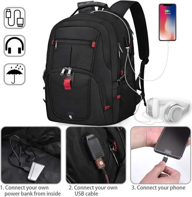 Alt view image 4 of 6 - Laptop Backpack 17 Inch Waterproof Extra Large TSA Travel Backpack Anti Theft College Business Mens Backpacks with USB Charging Port 17.3 Gaming Computer Backpack for Women Men Black 45L