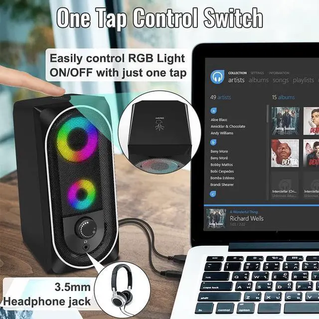 Alt view image 5 of 7 - Computer Speakers, USB Powered PC Speaker, 10W Stereo Desktop Speaker with Dynamic RGB Light, Volume Control, Headphone Jack, 3.5mm AUX-in External Speaker for Laptop/Tablet/Cellphone/Monitor
