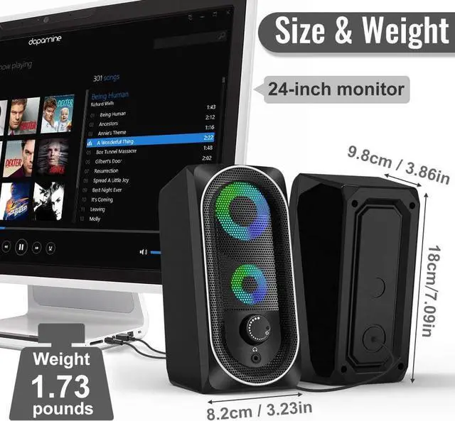 Alt view image 6 of 7 - Computer Speakers, USB Powered PC Speaker, 10W Stereo Desktop Speaker with Dynamic RGB Light, Volume Control, Headphone Jack, 3.5mm AUX-in External Speaker for Laptop/Tablet/Cellphone/Monitor