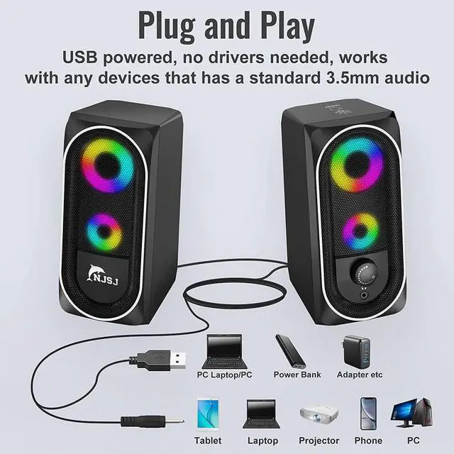 Alt view image 7 of 7 - Computer Speakers, USB Powered PC Speaker, 10W Stereo Desktop Speaker with Dynamic RGB Light, Volume Control, Headphone Jack, 3.5mm AUX-in External Speaker for Laptop/Tablet/Cellphone/Monitor
