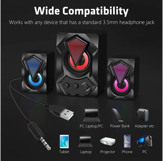 Alt view image 5 of 14 - Computer Speakers with Subwoofer, 2.1 Multimedia Speakers System, USB-Powered Stereo Desktop Speakers with Dynamic RGB LED Light, 3.5mm Audio Input Great for PC, Laptop, Game Console