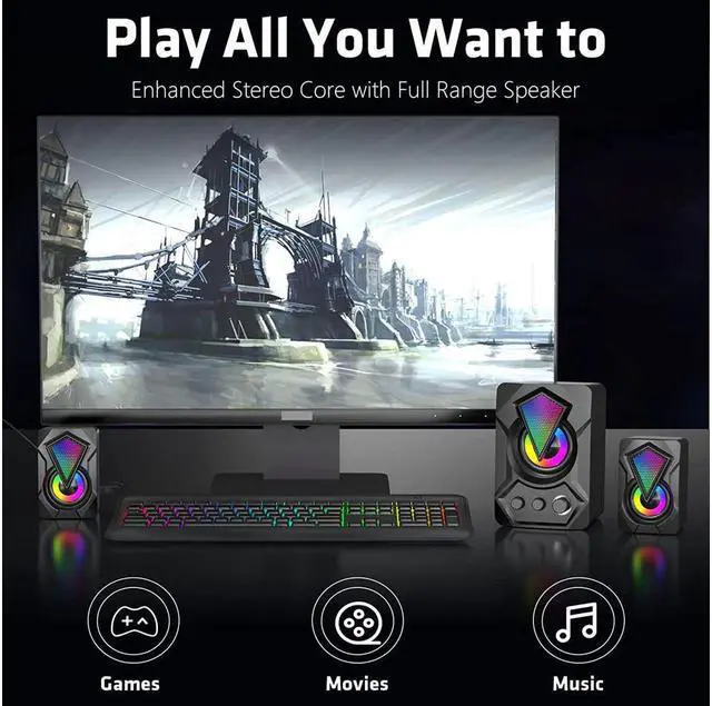 Alt view image 2 of 14 - Computer Speakers with Subwoofer, 2.1 Multimedia Speakers System, USB-Powered Stereo Desktop Speakers with Dynamic RGB LED Light, 3.5mm Audio Input Great for PC, Laptop, Game Console