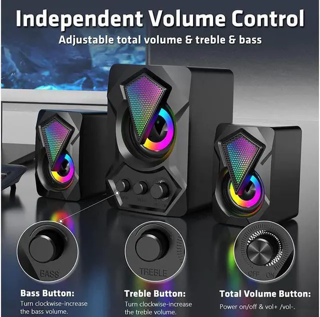 Alt view image 4 of 14 - Computer Speakers with Subwoofer, 2.1 Multimedia Speakers System, USB-Powered Stereo Desktop Speakers with Dynamic RGB LED Light, 3.5mm Audio Input Great for PC, Laptop, Game Console