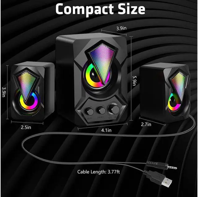 Alt view image 6 of 14 - Computer Speakers with Subwoofer, 2.1 Multimedia Speakers System, USB-Powered Stereo Desktop Speakers with Dynamic RGB LED Light, 3.5mm Audio Input Great for PC, Laptop, Game Console