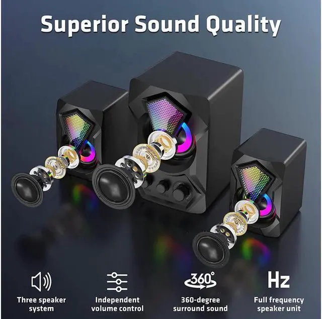 Alt view image 7 of 14 - Computer Speakers with Subwoofer, 2.1 Multimedia Speakers System, USB-Powered Stereo Desktop Speakers with Dynamic RGB LED Light, 3.5mm Audio Input Great for PC, Laptop, Game Console