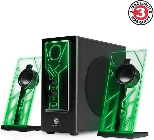 Alt view image 2 of 7 - BassPULSE 2.1 Computer Speakers with Blue LED Glow Lights and Powered Subwoofer - Gaming Speaker System for Music on Desktop, Laptop, PC with 40 Watts, Heavy Bass Green