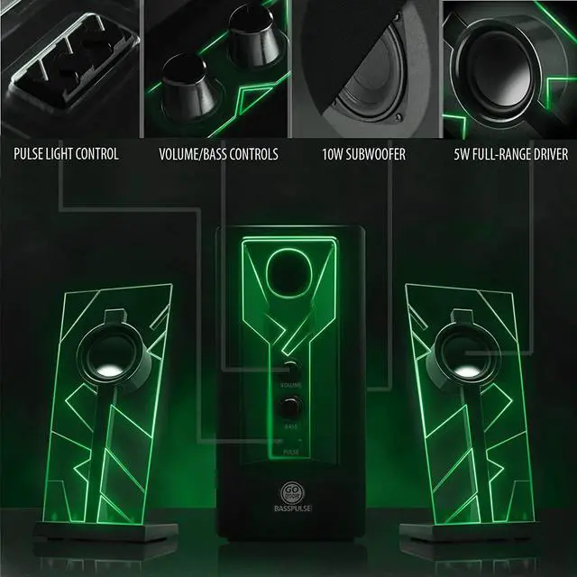 Alt view image 5 of 7 - BassPULSE 2.1 Computer Speakers with Blue LED Glow Lights and Powered Subwoofer - Gaming Speaker System for Music on Desktop, Laptop, PC with 40 Watts, Heavy Bass Green