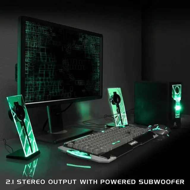 Alt view image 4 of 7 - BassPULSE 2.1 Computer Speakers with Blue LED Glow Lights and Powered Subwoofer - Gaming Speaker System for Music on Desktop, Laptop, PC with 40 Watts, Heavy Bass Green