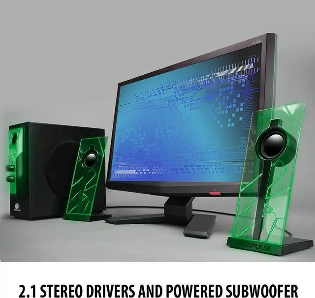Alt view image 6 of 7 - BassPULSE 2.1 Computer Speakers with Blue LED Glow Lights and Powered Subwoofer - Gaming Speaker System for Music on Desktop, Laptop, PC with 40 Watts, Heavy Bass Green