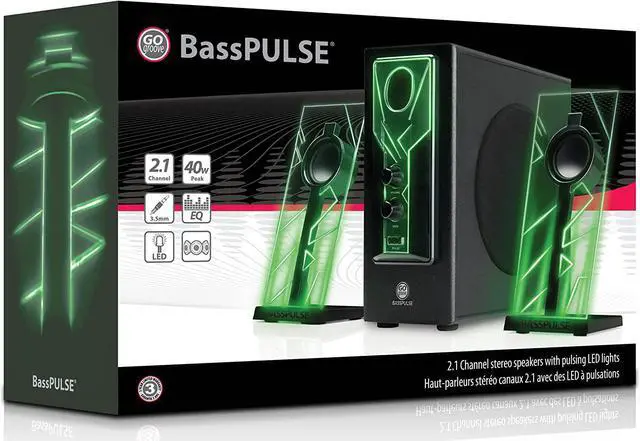 Alt view image 7 of 7 - BassPULSE 2.1 Computer Speakers with Blue LED Glow Lights and Powered Subwoofer - Gaming Speaker System for Music on Desktop, Laptop, PC with 40 Watts, Heavy Bass Green