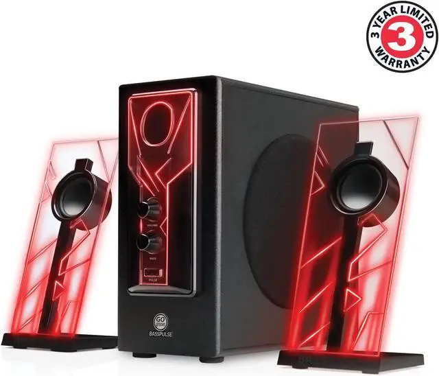 Alt view image 3 of 7 - BassPULSE 2.1 Computer Speakers with Blue LED Glow Lights and Powered Subwoofer - Gaming Speaker System for Music on Desktop, Laptop, PC with 40 Watts, Heavy Bass Red