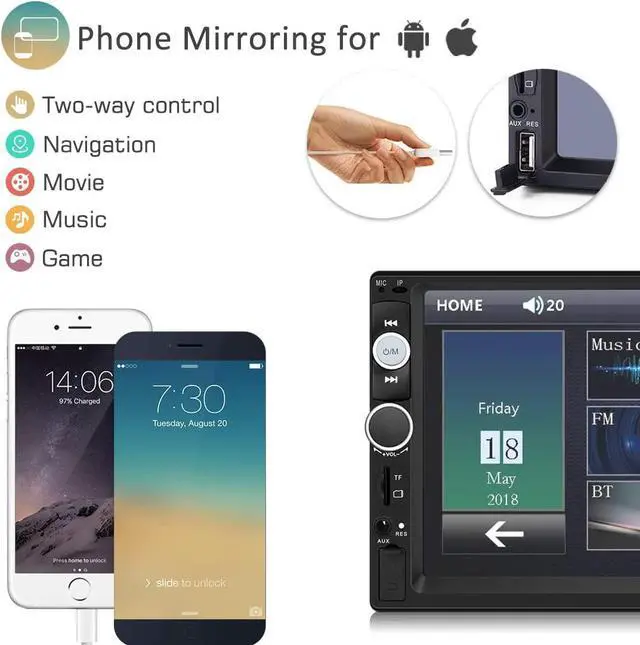 Alt view image 2 of 5 - Double Din Car Stereo in Dash, FM Receiver with Remote, Car MP5 Media Player with 7inch Digital Resistive Touch Screen,Bluetooth Car Audio Mirror Link Monitor for Android