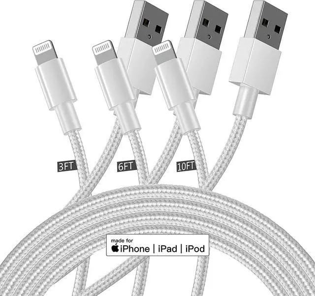 Main image of iPhone Charger Cable[MFi Certified] 3 Pack iPhone Charger Cord, Premium Lightning Cable (3/6/10ft) Multipack and Length for iPhone 13 pro Max/12/11/XS/X/8/7/6 Plus/6s/5/SE/iPad Mini Air(White)
