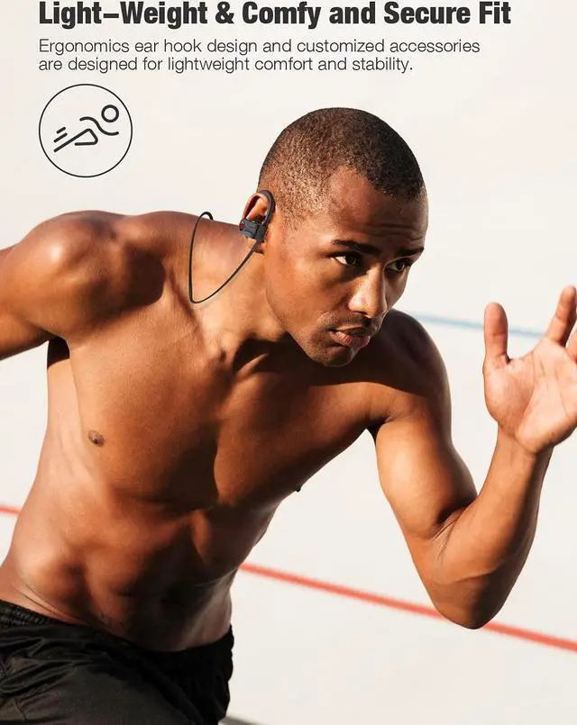 Alt view image 4 of 7 - Wireless Sport Earphones, HiFi Bass Stereo Sweatproof Earbuds w/Mic, Noise Cancelling Headset for Workout, Running, Gym, 10 Hours Play Time