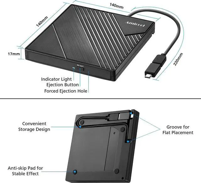 Alt view image 7 of 7 - External DVD Drive USB 3.0 USB C CD Burner Amicool CD/DVD +/-RW Optical Drive,Slim Portable DVD CD ROM Rewriter Writer Duplicator for Laptop Desktop PC Windows 10/8/7 MacBook Mac Linux OS Apple