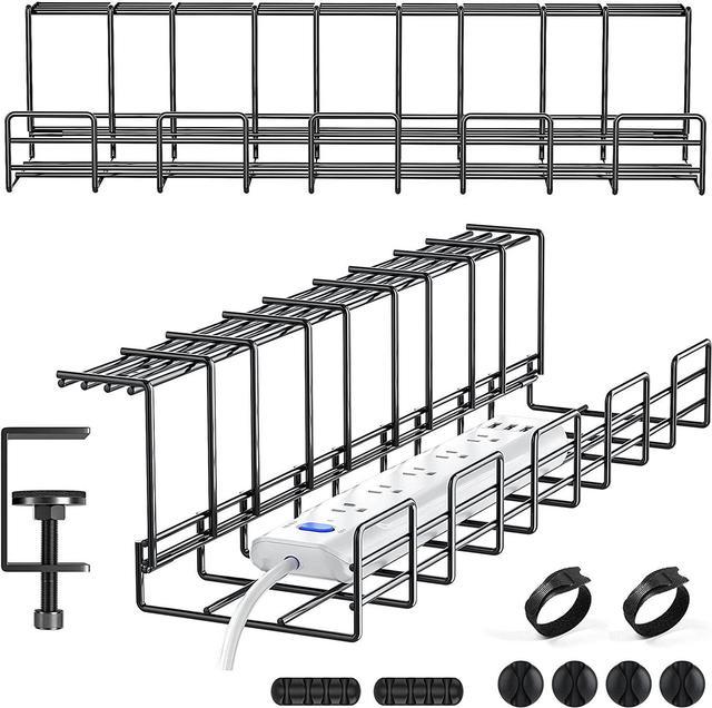 Under Desk Cable Management Tray, 15.7'' Cable Management Under Desk No Drill Steel Desk Cable Organizers, Desk Cable Tray with Wire Organizer and
