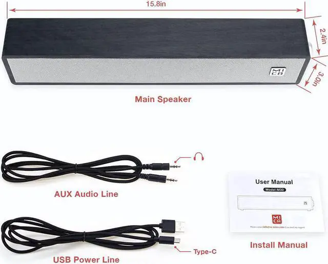 Alt view image 6 of 7 - Computer Speakers, Wired Computer Sound Bar, Wooden Mini Soundbar, USB Powered PC Speakers 3.5mm AUX & PC Input (Upgrade), Black (M30i)