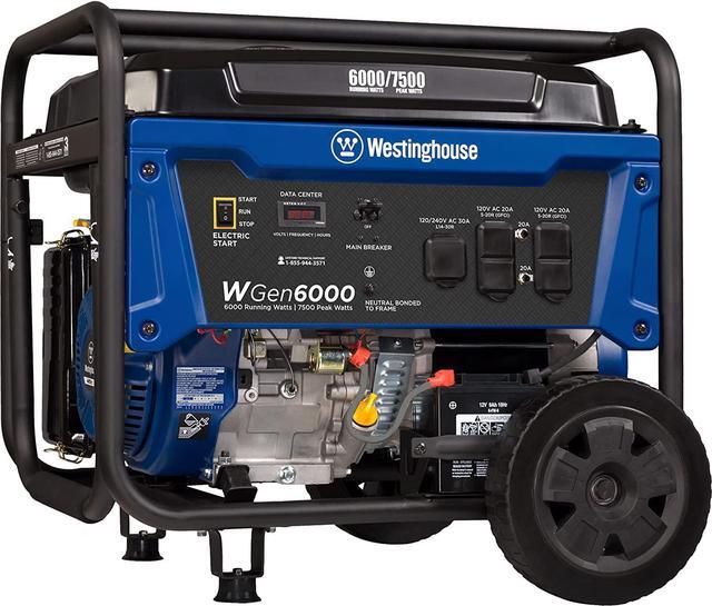 Westinghouse WGen6000 Portable Generator with Electric Start - 6000 Rated Watts & 7500 Peak Watts - Gas Powered - CARB Compliant Westinghouse WGen6000 Portable Generator with Electric Start - 6000 Rated Watts & 7500 Peak Watts - Gas Powered - CARB Compliant