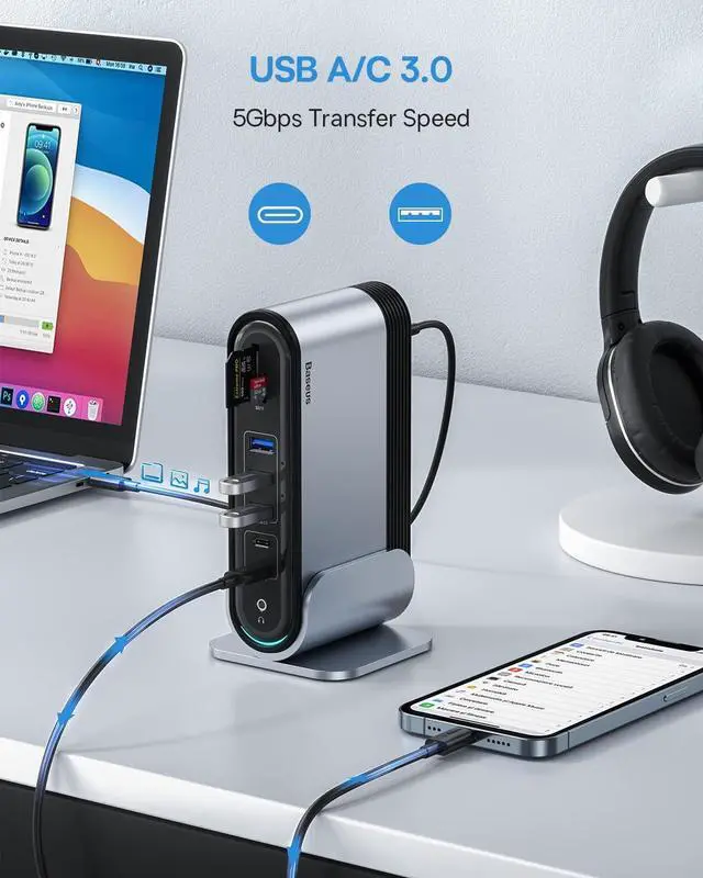 Alt view image 4 of 7 - USB-C 4K Triple Display Docking Station, USB C Dock Universal Docking Station with 3 HDMI 4K, Audio, Ethernet, 5 USB Ports, 100W USB-C PD, SD/TF Card Reader for Windows, PC, Mac, Laptops