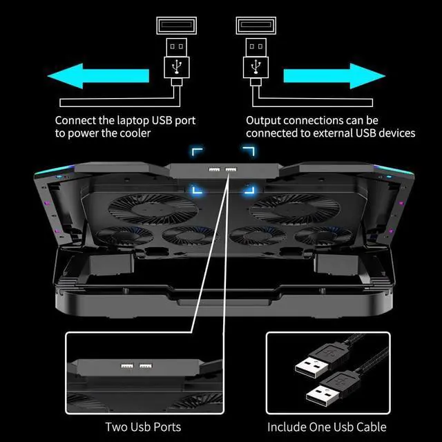 Alt view image 6 of 7 - RGB Laptop Cooling Pad 15.6-17.3 Inch, Gaming Laptop Cooler Stand with 6 Quiet Cooling Fans and 6 Height Adjustable, LCD Screen and RGB Lights, Two USB Ports, One Phone Stand