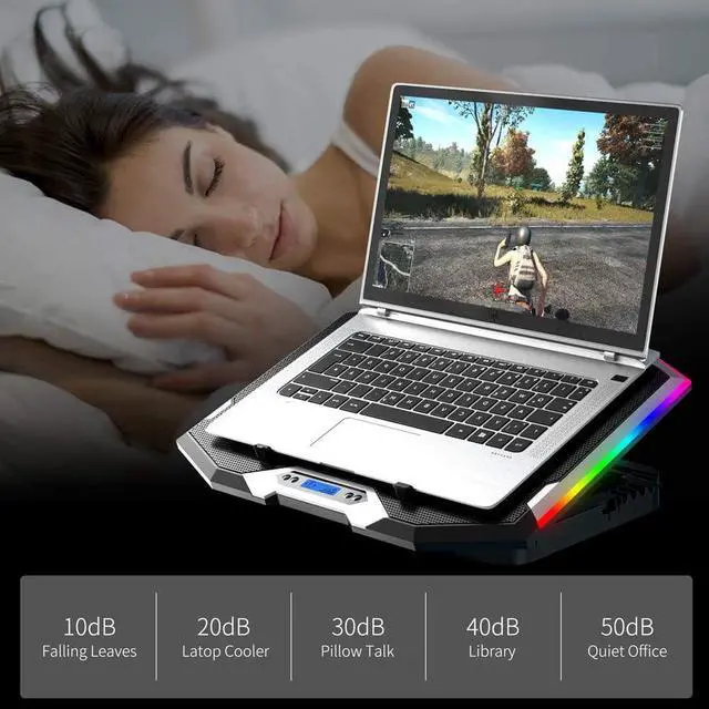 Alt view image 7 of 7 - RGB Laptop Cooling Pad 15.6-17.3 Inch, Gaming Laptop Cooler Stand with 6 Quiet Cooling Fans and 6 Height Adjustable, LCD Screen and RGB Lights, Two USB Ports, One Phone Stand
