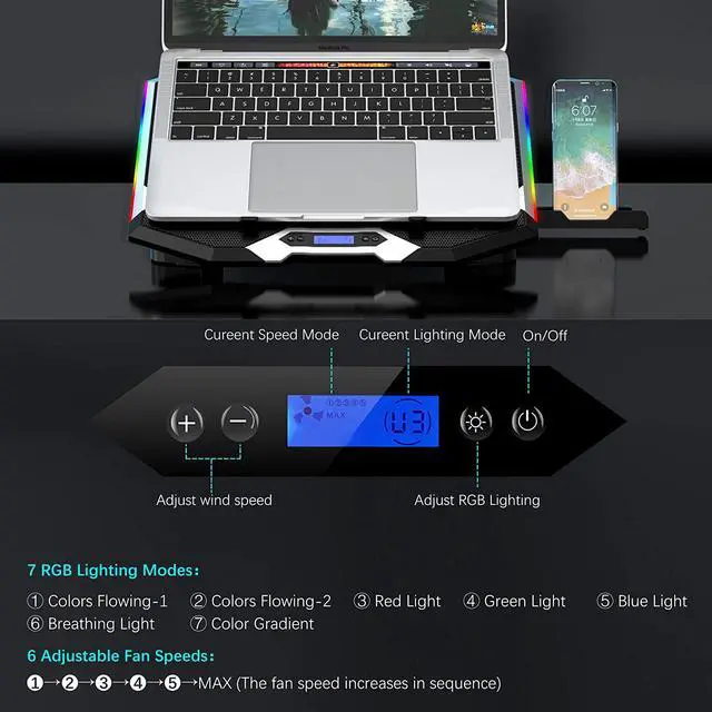 Alt view image 5 of 6 - RGB Gaming Notebook Cooler, Laptop Fan Stand Adjustable Height with 6 Quiet Fans and Phone Holder, Computer Chill Mat, for 15.6-17.3 Inch Laptops - Blue LED Light