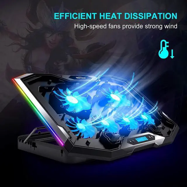Alt view image 2 of 6 - RGB Gaming Notebook Cooler, Laptop Fan Stand Adjustable Height with 6 Quiet Fans and Phone Holder, Computer Chill Mat, for 15.6-17.3 Inch Laptops - Blue LED Light