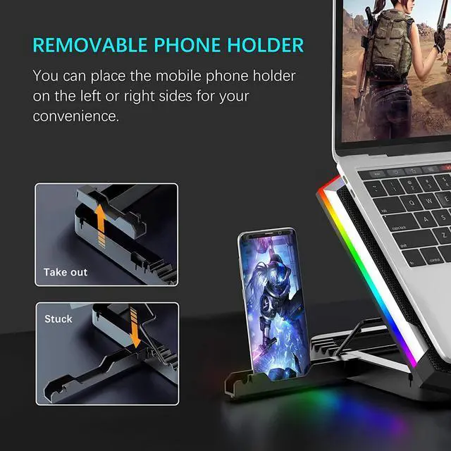 Alt view image 6 of 6 - RGB Gaming Notebook Cooler, Laptop Fan Stand Adjustable Height with 6 Quiet Fans and Phone Holder, Computer Chill Mat, for 15.6-17.3 Inch Laptops - Blue LED Light