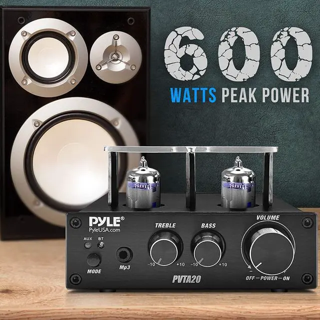 Alt view image 3 of 7 - Bluetooth Tube Amplifier Stereo Receiver - 600W Home Audio Desktop Stereo Vacuum Tube Power Amplifier Receiver w/ 2 Vacuum Tubes, AUX/MP3/Microphone Inputs, Pure Copper Speaker Output - PVTA20