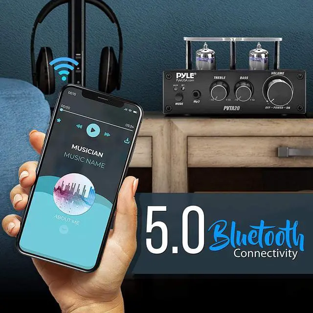 Alt view image 5 of 7 - Bluetooth Tube Amplifier Stereo Receiver - 600W Home Audio Desktop Stereo Vacuum Tube Power Amplifier Receiver w/ 2 Vacuum Tubes, AUX/MP3/Microphone Inputs, Pure Copper Speaker Output - PVTA20